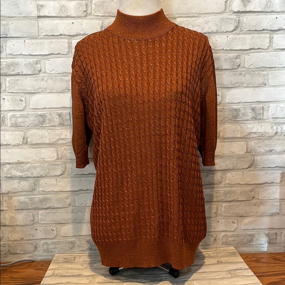 Rust Cable silk metallic short sleeve Knit high neck Sweater 1X